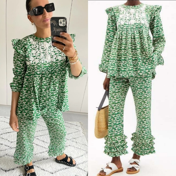 Muzungu Sisters Nora Ruffled Mushroom Print Linen Blouse Green Medium - Picture 1 of 12